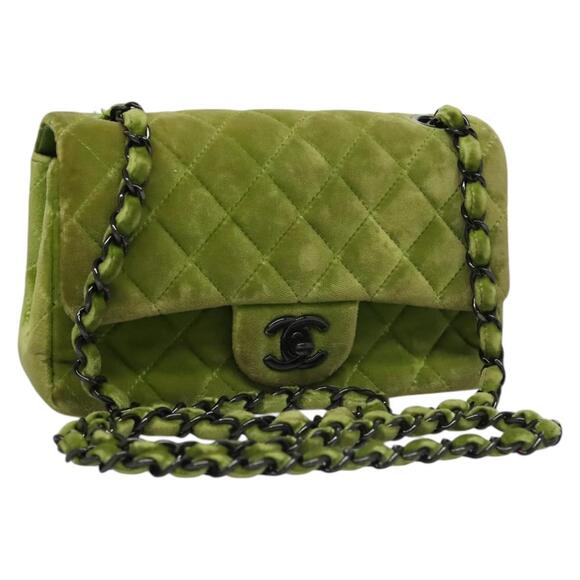 CHANEL Mini Matelasse 20 Single Flap Chain Bag Velor Green CC - Picture 1 of 16